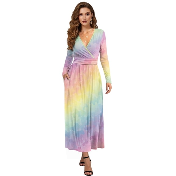 FKELYI Tie-Dye Rainbow Print Womens Fall Dress Long Sleeve Maxi Dress for Wedding Party Casual Outdoor Cloth V Neck Soft Dresses with Pocket, L