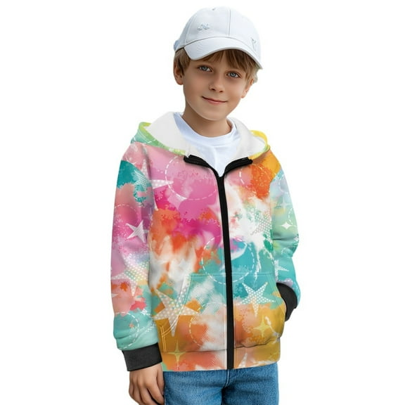 FKELYI Tie-Dye Star Print Zip Up Hoodies for Kids Fall Sweatshirt Jacket with Side Pockets Breathable Winter Activewear Top Cosy Hooded Clothes, M