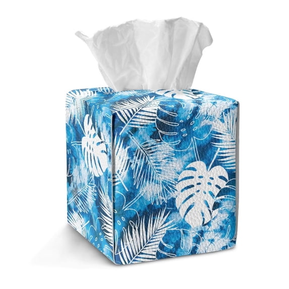FKELYI Tissue Box Cover PU Leather Tissue Holder Squared Facial Paper Organizer Holder Cool Blue Monstera Leaf Print Tabletop Decor for Home Bedroom Living Room