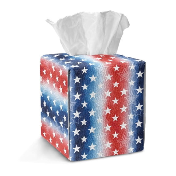 FKELYI Tissue Box Cover Snap Button Design Tissue Box Holder July 4th USA Flag Star Print Facial Paper Organizer Holder PU Leather Home Bathroom Office Decor