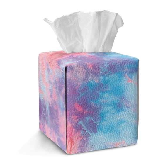 FKELYI Tissue Box Cover Squared Tissue Holder Home Accessories Tie-Dye Blue Pink Print PU Leather Tissue Holder Organizer Snap Button Design Modern Decor