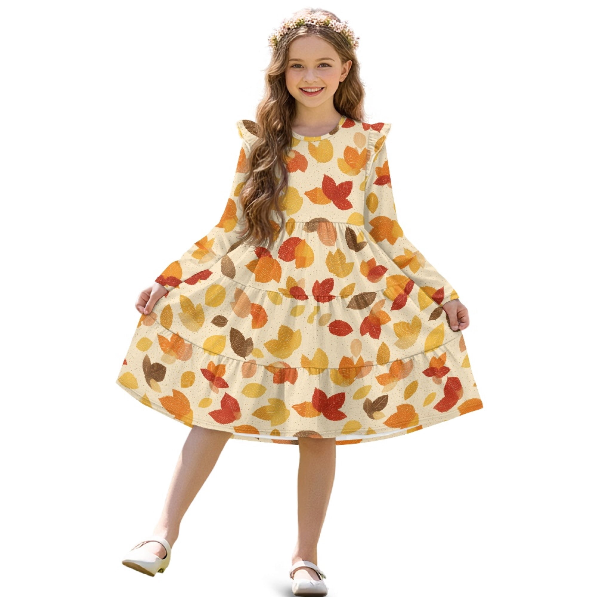 Fkelyi Toddler Girl Long Sleeve Dresses Breathable A-Line Ruffle Trim Dress Autumn Leaf Print Soft Fall Outfits for Girls Patchwork Dresses, 9-10 Y,