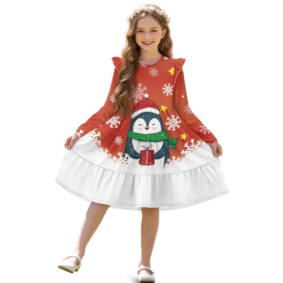 FKELYI Toddler Girl Long Sleeve Dresses Breathable A-Line Ruffle Trim Dress Snowflake Penguine Star Print Soft Fall Outfits for Girls Patchwork Dresses, 5-6 Y