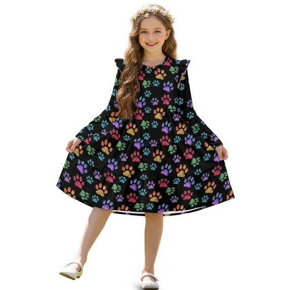 FKELYI Toddler Girl Long Sleeve Dresses Breathable A-Line Ruffle Trim Dress Soft Fall Outfits for Girls Colorful Dog Paw Print Patchwork Dresses, 7-8 Y