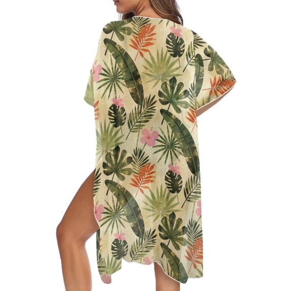 FKELYI Tropical Leaf Flower Print Kimono Coverups for Women Soft Beach Cover Up Half Sleeve Summer Cardigan Bikini Cover Ups Resort Wear Casual Cruise Outfits