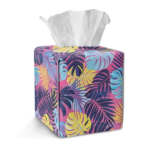 FKELYI Tropical Monstera Leaf Print Squared Tissue Box Cover Tissue Holder Organizer Snap Button Design Facial Paper Holder Cover Faux Leather Home Office Decor