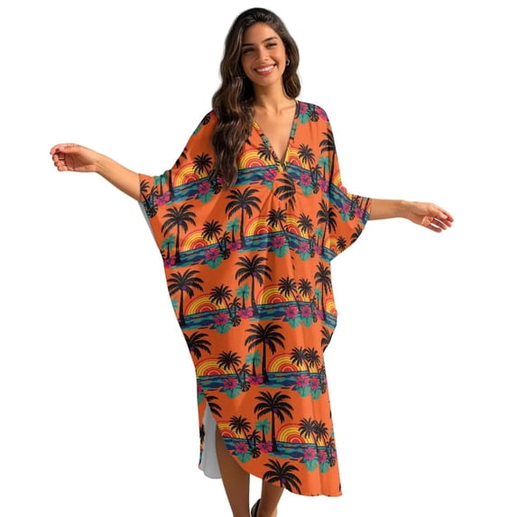 FKELYI Tropical Palm Tree Flower Print Womens Summer Coverup V-Neck Maxi Beach Dress Soft Caftan with 2 Pcs Chest Patch Batwing Sleeves Loungewear Plus Size Ladies Beachwear