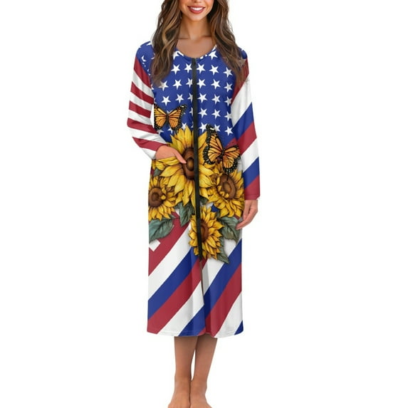 FKELYI USA Flag Butterfly Sunflower Print Women Zip-Up Front Nightgowns Comfy Sleepwear Dress with 2 Pockets Breathable House Robes Spring Nightwear Dresses for Lady Loungewear, 3XL