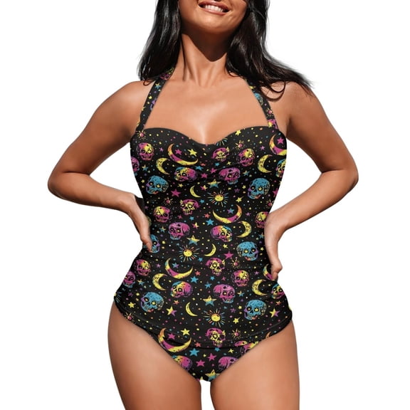 FKELYI Vintage Asterism Moon Star Skull Print Women's Swimwear One Piece Swimsuit with Soft Pad Tummy Control Bathing Suits Halter Monokini Beachwear for Lady Summer Swimming, 2XL