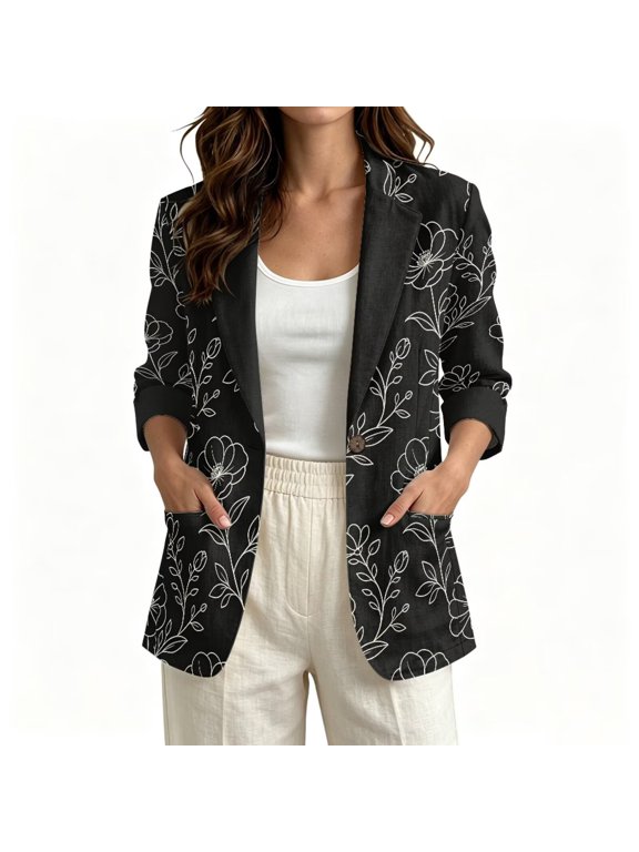 Vintage Black Floral Print Women's Faux Linen Blazer 3/4 Sleeve Lightweight Work Jacket with Pockets Spring Summer Cardigan Coat for Business Banquet, 2XL