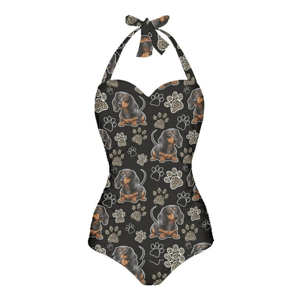 FKELYI Vintage Dachshund Dog Paw Print Women Swimsuits One Piece Bikini Swimwear Polyester Beachwear Halter Bathing Suits with Soft Pad Tummy Control Monokini for Ladies Summer, 2XL
