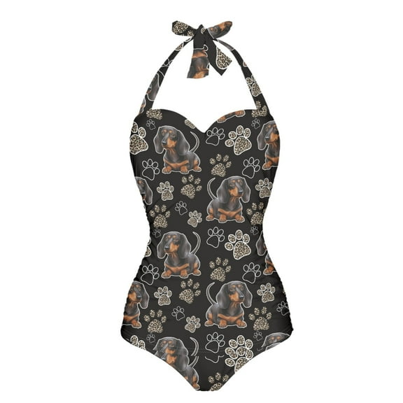 FKELYI Vintage Dachshund Dog Paw Print Women Swimsuits One Piece Bikini Swimwear Polyester Beachwear Halter Bathing Suits with Soft Pad Tummy Control Monokini for Ladies Summer, S