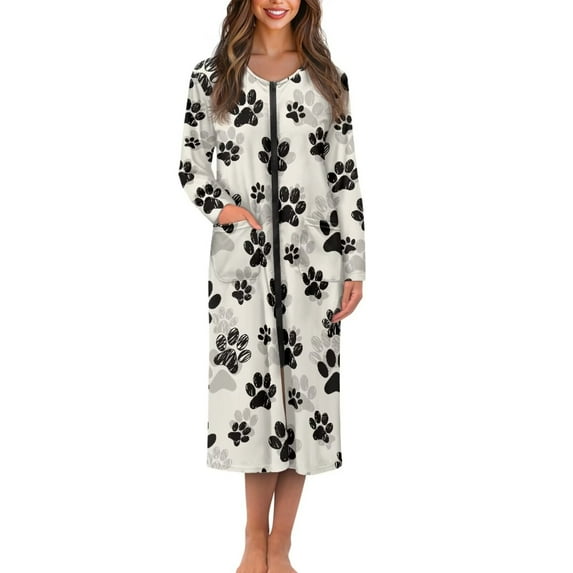 FKELYI Vintage Dog Paw Print Women Zipper Up Nightgowns with 2 Pockets Fall Sleepwear Dress Long Sleeve Nightwear Breathable Zippered Bathrobes Full Length Loungewear, XL