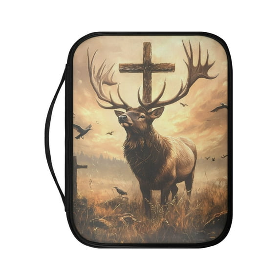 FKELYI Vintage Elk Cross Print PU Leather Bible Cover Zippered Bible Bags with Handle Large Capacity Bible Carrier Book Organzier Holder for Christian Scripture Protector