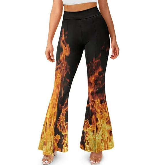 FKELYI Vintage Flame Print Flare Leggings Women's Bell Bottom Yoga Pants Wide Leg Pants Split Front Boot Cut Yoga Leggings Tummy Control Sweatpants for Indoor & Outdoor, M