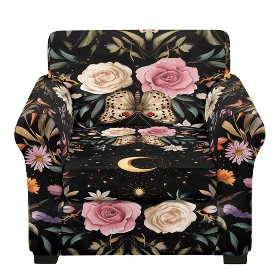 FKELYI Vintage Floral Butterfly Moon Print 2 Pcs Couch Sofa Cover Stretchy Armchair Slipcover with Individual Cushion Cover Non-Slip Dustproof Furniture Protector Living Room Decor