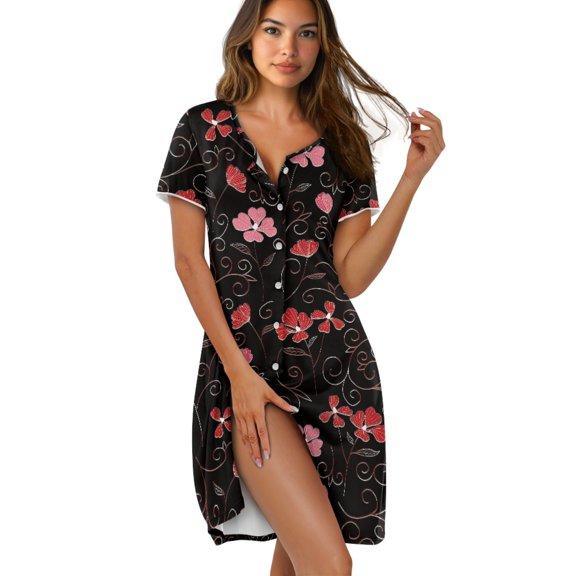 FKELYI Vintage Floral Leaf Print Summer Nightgowns Women's Sleepwear Dress Button Down Pajama Dress Soft Comfy Crew Neck Sleep Dress Skin-Friendly House Dress for Lounging, L