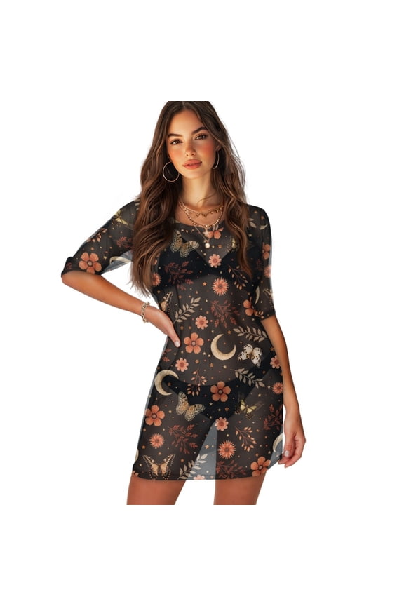 Vintage Floral Moon Butterfly Print Women Cover Ups for Summer Round Neck Cover-Up Breathable Beachwear Flowy Swim Bikini Cover Up Half-Sleeve Resort Wear for Lady Teen Girls, 2XL