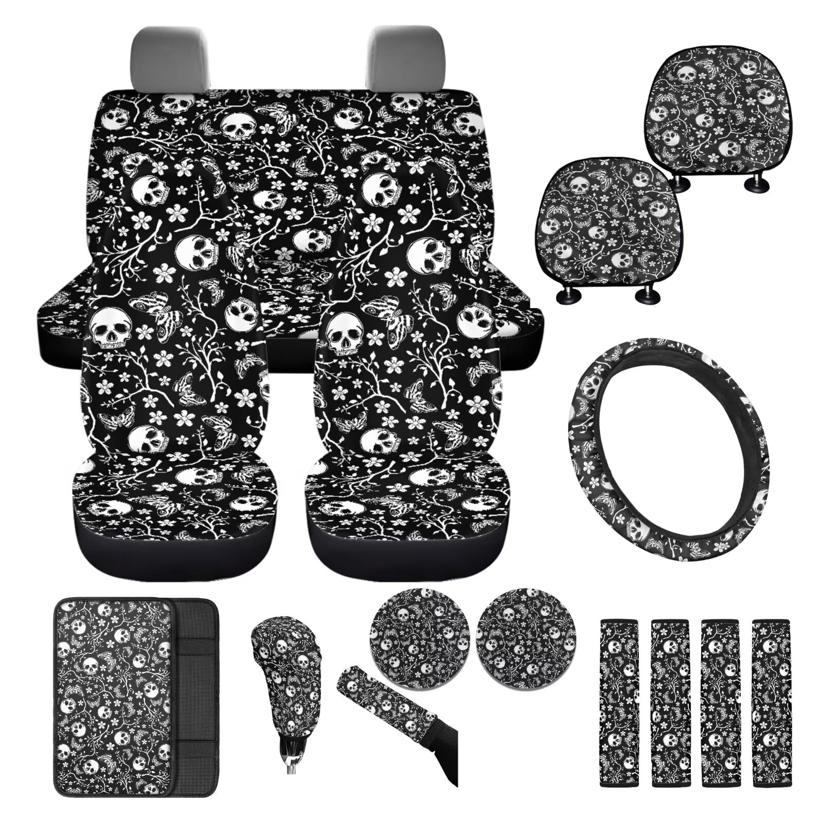 FKELYI Vintage Floral Skull Print Auto Seat Covers Full Set with Steering Wheel Cover Shoulder Seatbelt Pad Armrest Pad Cup Coasters Head Rest Protector Gear Shift Knob Sleeve for Most Sedan