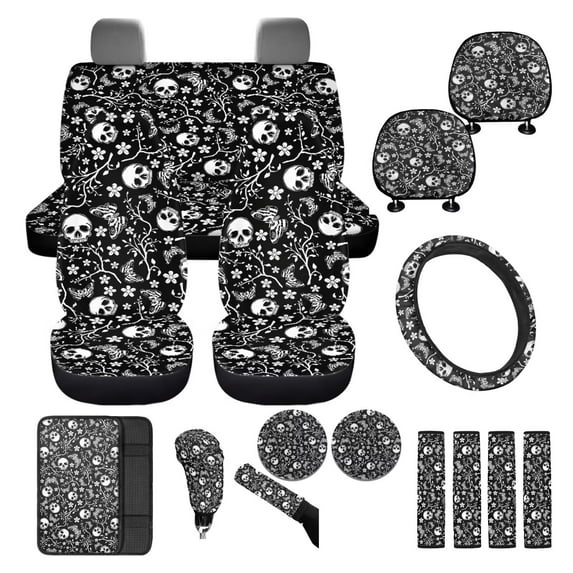 FKELYI Vintage Floral Skull Print Auto Seat Covers Full Set with Steering Wheel Cover Shoulder Seatbelt Pad Armrest Pad Cup Coasters Head Rest Protector Gear Shift Knob Sleeve for Most Sedan