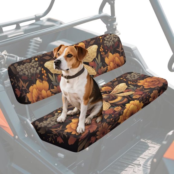 FKELYI Vintage Flower Bee Print 2 Pcs UTV Seat Covers Anti-Scartch Bench Seat Cover Dustproof Powersports Seats Protection Cover Compatible with Mule SX 2017-2023