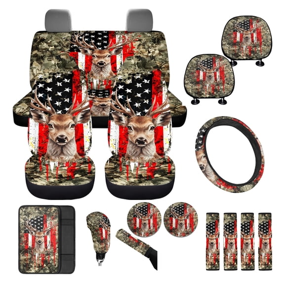 FKELYI Vintage Forest Elk American Flag Print Car Seat Covers with Steering Wheel Cover Seat Belt Covers Headrest Covers Auto Center Console Pad Gear Shift Knob Sleeve Cup Coasters, 16 Pcs