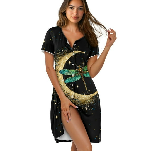 FKELYI Vintage Moon Dragonfly Print Women's Nightgowns Soft Sleepwear Dress Crew Neck Sleep Dress Comfy Button Down Pajama Dress Short Sleeve Loungewear for Spring Summer, XS