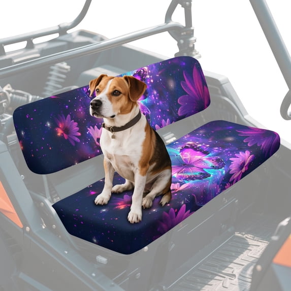 FKELYI Vintage Purple Flower Butterfly Starry Print Mule Bench Seat Cover 2 Pcs Set Dustproof UTV Seat Cover Compatible with Kawasaki Mule 600/610 Seats Protector Decor