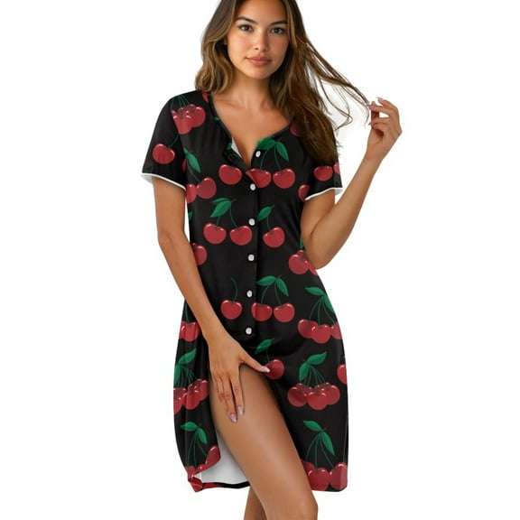 FKELYI Vintage Red Cherry Print Button Down Nightgowns Women's Nightdress Crew Neck Sleepwear Dress Skin-Friendly Pajama Dress Short Sleeve House Dress for Sleeping Lounging, 3XL