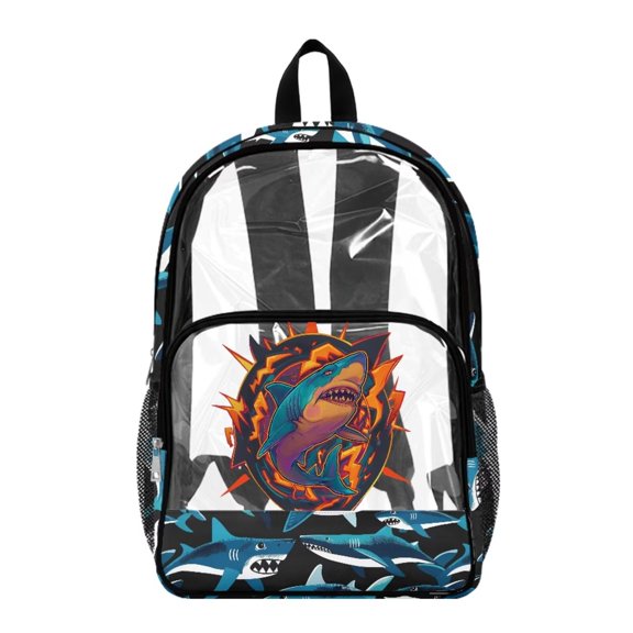 FKELYI Vintage Shark Black Print Clear Backpacks for Elementary Student 17 Inch Schoolbag Transprent School Bookbag Boys Girls Casual Daypack Lightweight Travel Bags