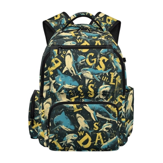FKELYI Vintage Shark Print School Backpack for Kids 17 Inch Schoolbag Primary School Bookbag Casual Daypack Travel Bag with Multi-Pockets for Outdoor Hiking Camping