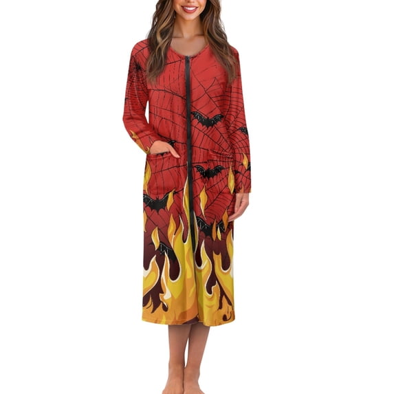 FKELYI Vintage Spiderweb Bat Flame Print Women Zip Up Robe Nightgowns Comfy House Coats Full Length Sleepwear House Dress Long Sleeve Bathrobe with 2 Pockets, M