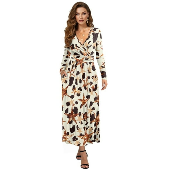 FKELYI Vintage Star Cow Print Long Sleeve Maxi Dress for Women V-Neck Soft Casual Dress Flowy A-Line Dresses with Side Pockets for Party Wedding, 3XL