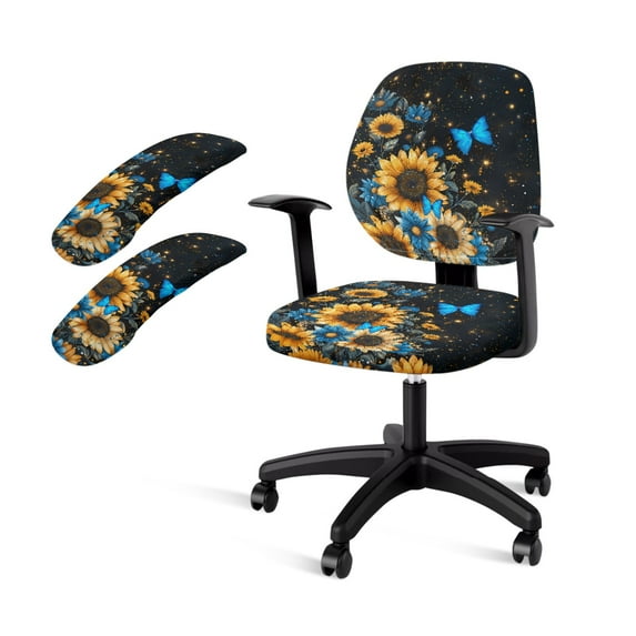 FKELYI Vintage Sunflower Butterfly Print Office Chair Slipcovers with 2 Pcs Armrest Covers Stretch Fabric Computer Chair Cover for Armchair Swivel Chair Home Office Decor