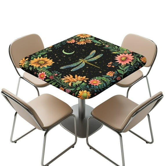 FKELYI Vintage Sunflower Dragonfly Print Square Fitted Table Cover Tablecloth with Elastic Edge Stretchable Card Tables Top Cover for Dining Kitchen Home Party, 34x34 inch