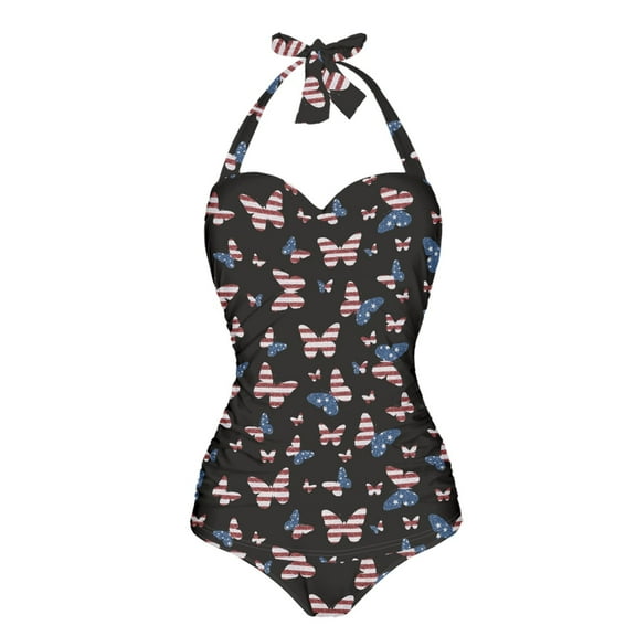 FKELYI Vintage USA Flag Butterfly Print Halter Swimwear for Women One Piece Bikini Swimsuits with 2 Pcs Soft Pad Tummy Control Bathing Suits Monokini Summer Beachwear for Ladies, M