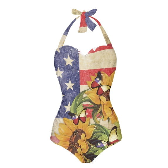 FKELYI Vintage USA Flag Sunflower Butterfly Print Swimsuits for Women Polyester Bikini Swimwear Tummy Control Monokini Cosy Bathing Suits for Ladies Summer Vacation, S