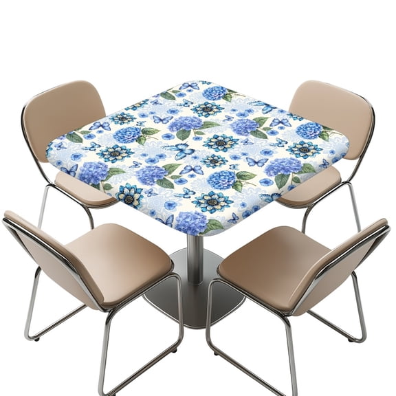 FKELYI Waterproof Tablecloth Square Fitted Table Cover Blue Hydrangea Flower Butterfly Print Polyester Card Table Protector Covers Indoor Outdoor Decor, 36x36 inch
