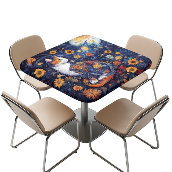 FKELYI Waterproof Tablecloth Square Fitted Table Cover Sunflower Art Cat Print Stretch Fabric Polyester Card Table Protector Covers Indoor Outdoor Decor, 34x34 inch