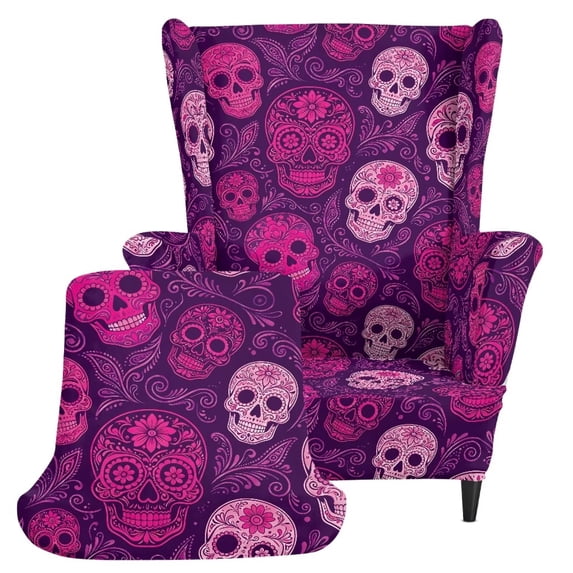 FKELYI Wingback Chair Slipcover 2 Piece Wing Back Armchair Protector Cover Purple Hippie Floral Skull Print Non-Slip Home Decor for Furniture Washable Cover with Elastic Bottom