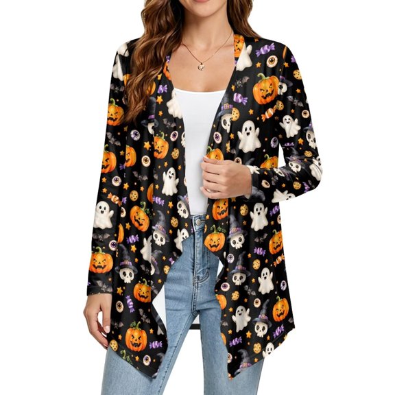 FKELYI Women Cardigan Blouse Top Cover Up, Halloween Pumpkin Ghost, 2XL, Open Front Cardigans for Lady, Soft Long Sleeve Layering Piece for Travel Work Wear, Skin-Friendly Cruise Resort Sweater
