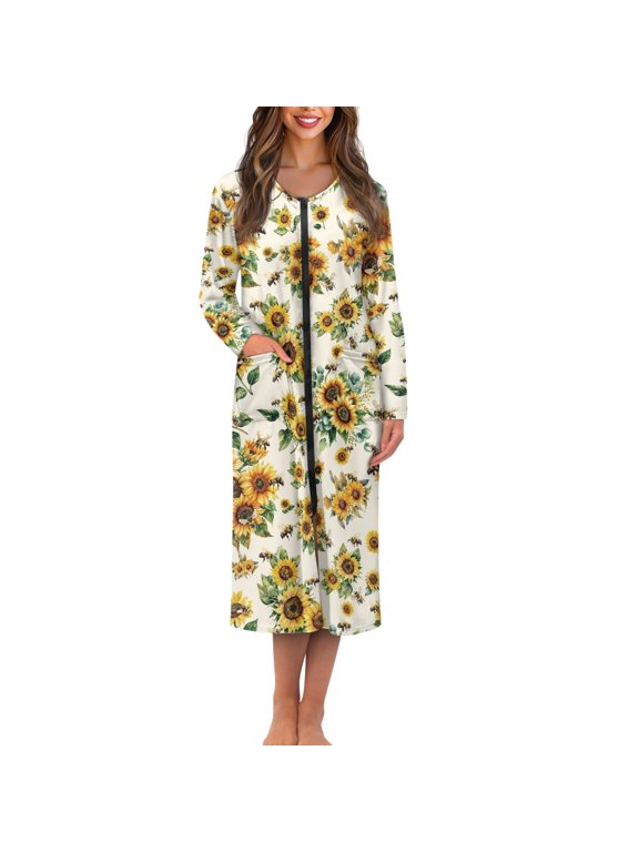 Women Long Sleeve Nightgowns Confy Sleepwear Dress Sunflower Bee Print Zippered Nightwear Dress with 2 Pockets for Lady Breathable House Coat Spring Fall Loungewear, S