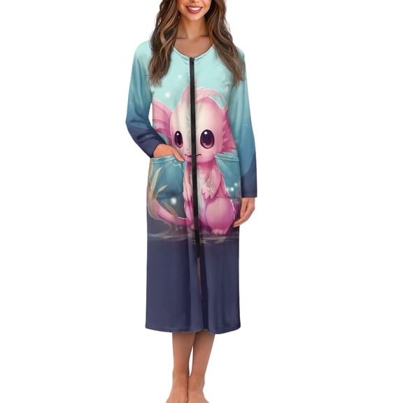 FKELYI Women Nightgowns Cartoon Axolotl Print Zipper Front Robes Long Sleeve Sleepwear Dress with 2 Pockets Crew Neck Nightwear Dress Breathable Bathrobes Soft Loungewear, 3XL