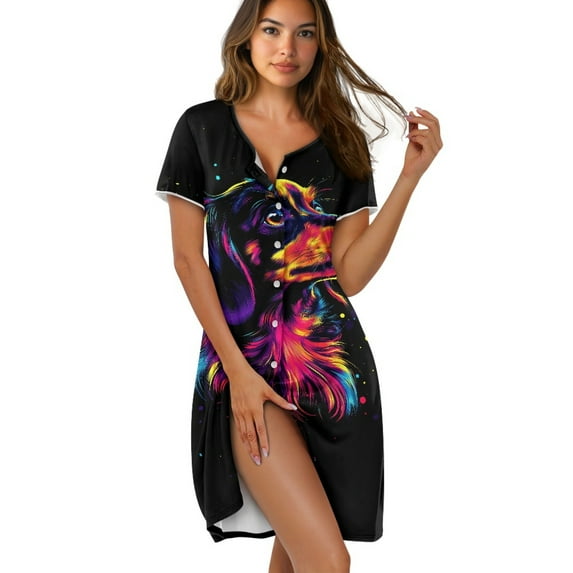 FKELYI Women Pajama Dress Button Down Nightgowns Sleepwear Dress Breathable Nightdress Vintage Dachshund Dog Print Short Sleeve House Dress for Summer Spring Nightwear Dress, 3XL