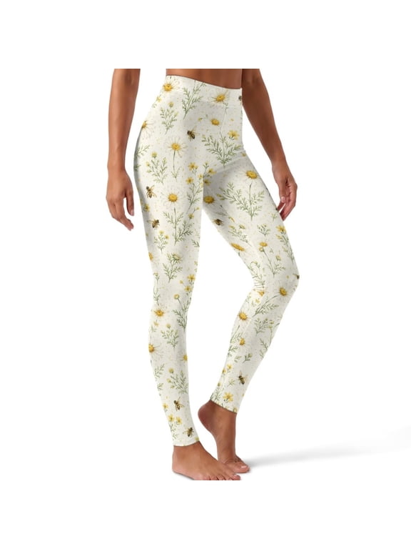 Women Yoga Leggings High Rise Workout Pants, Daisy Bee Print, L, Tummy Control Leggings for Women, Buttery Soft Stretchy Workout Pants, Non Seen Through Sweatpants for Gym Athletic