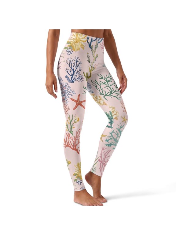 Women Yoga Leggings Workout Pants, Coral Starfish Print, XL, Buttery Soft Leggings, Non Seen Through, Tummy Control Yoga Pants, Squat Proof, Elastic Waistband, Athletic Sweatpants
