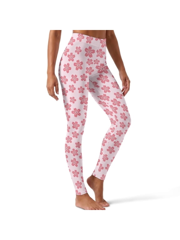 Women Yoga Leggings Workout Pants, Pink Cherry Flower Print, S, Buttery Soft Leggings for Women High Rise Workout Pants, 4 Way Stretch Legging with Elastic Waistband, Squat-Proof