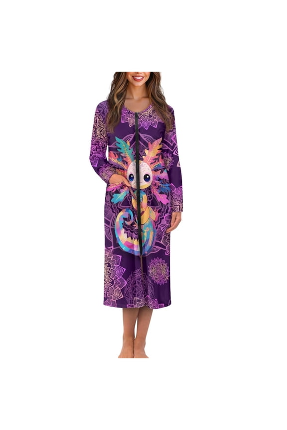 Women Zip Up Robe Nightgowns Comfy House Coats Full Length Bohemian Floral Mexico Axolotl Print Breathable Sleepwear House Dress Long Sleeve Bathrobe with 2 Pockets, 2XL