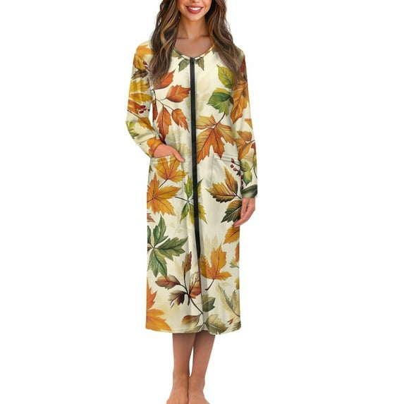 FKELYI Women Zip Up Robe Nightgowns Comfy House Coats Full Length Breathable Sleepwear House Dress Fall Maple Leaf Print Long Sleeve Bathrobe with 2 Pockets, L