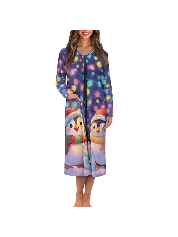 Women Zip Up Robe Nightgowns Comfy House Coats Full Length Sleepwear Christmas Penguin Bulb Print House Dress Long Sleeve Bathrobe with 2 Pockets, M